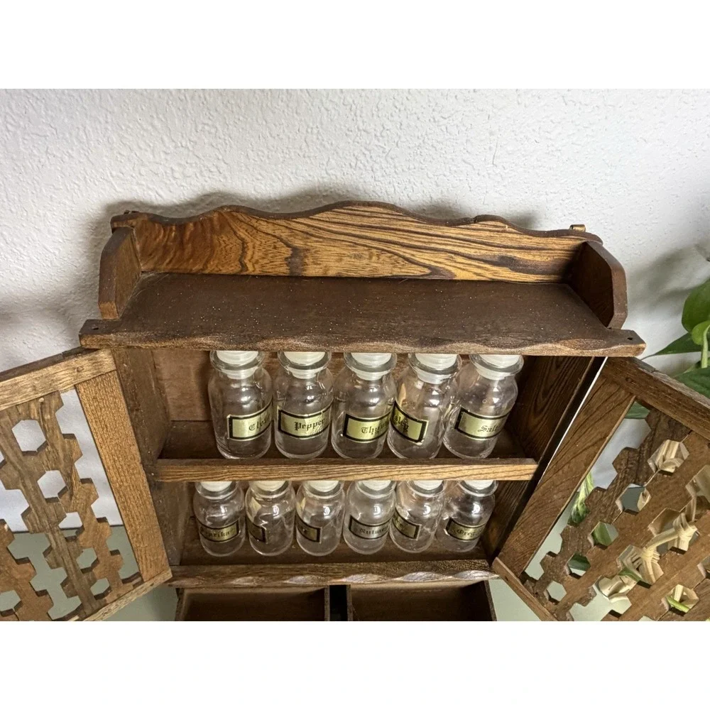 Vintage Japan Wood Spice Cabinet Wall Rack Glass Jars Drawers Apothecary MCM‎